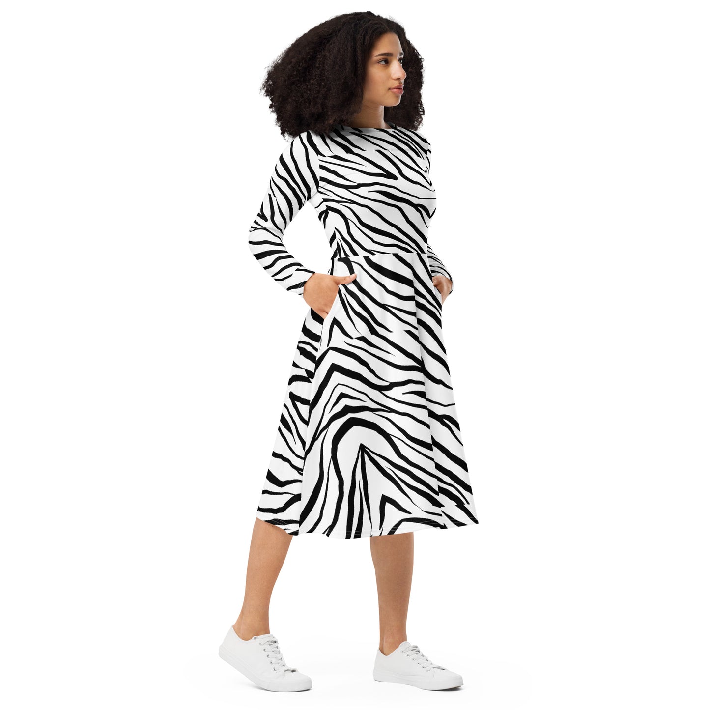 Striped Zebra Vibrance Women's Long Sleeve Midi Dress - FLAKOUT