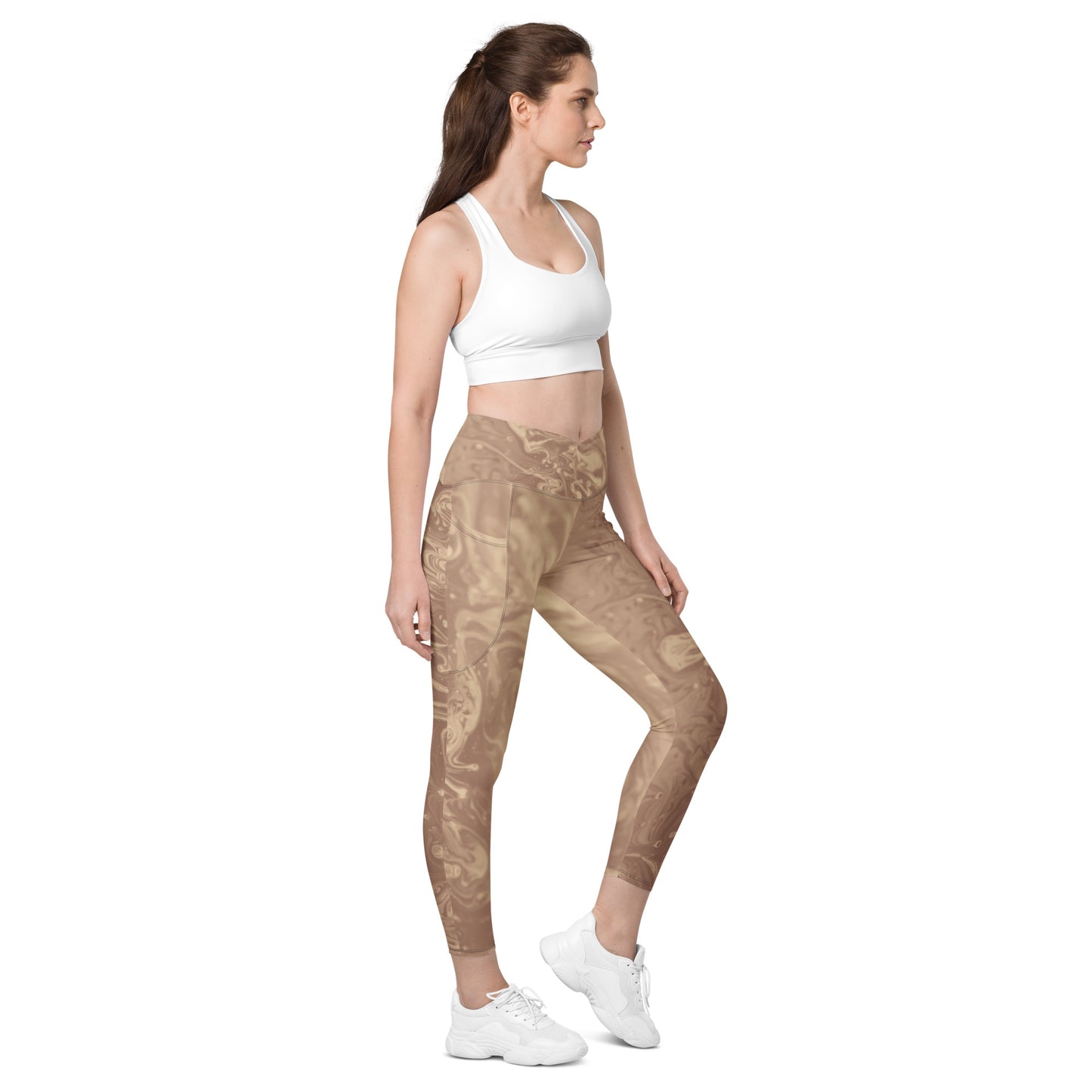 Liquid Beige Women's Recycled Crossover Leggings With Pockets - FLAKOUT