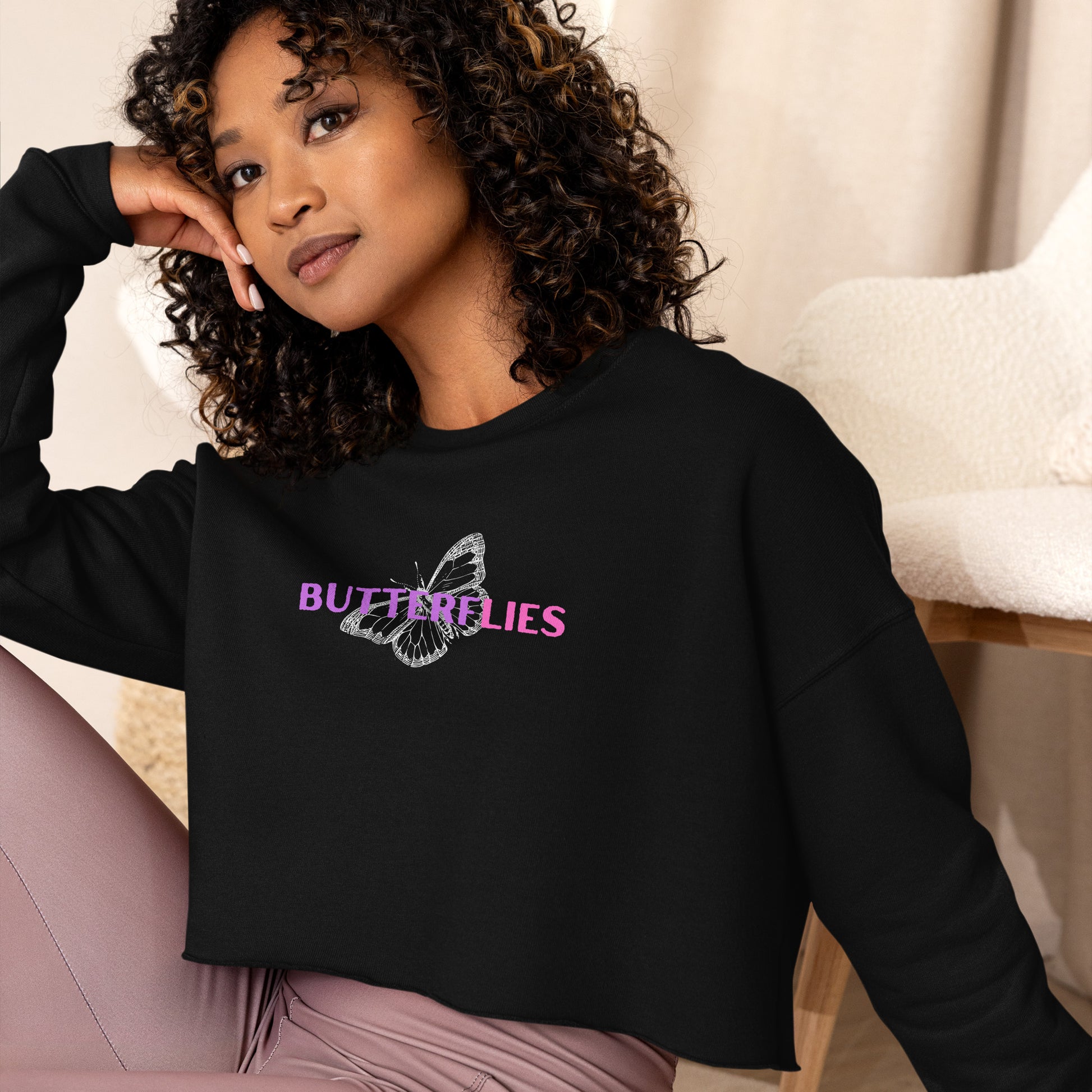 Whispers Of Wings Butterflies Women's Crop Sweatshirt - Black - FLAKOUT