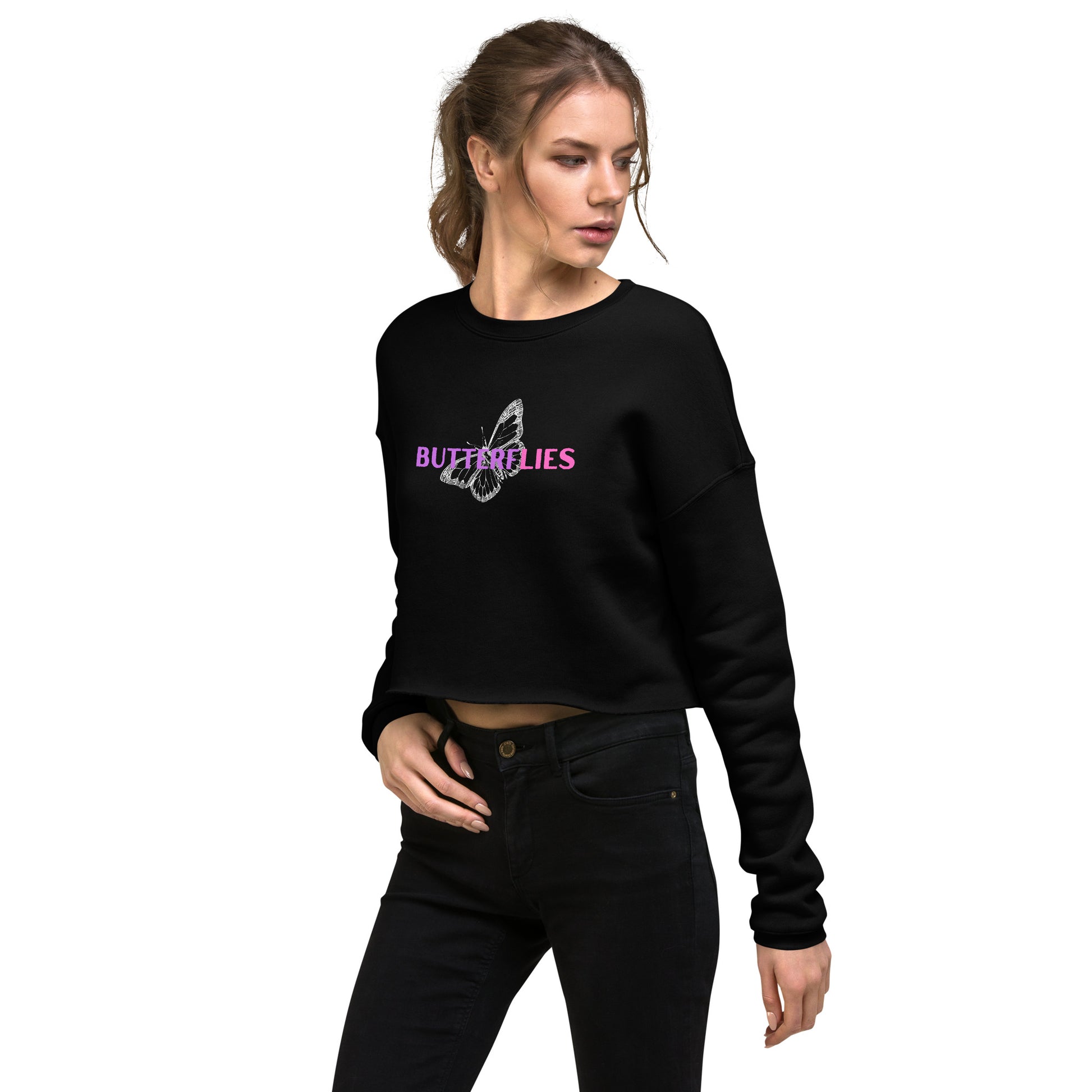 Whispers Of Wings Butterflies Women's Crop Sweatshirt - Black - FLAKOUT