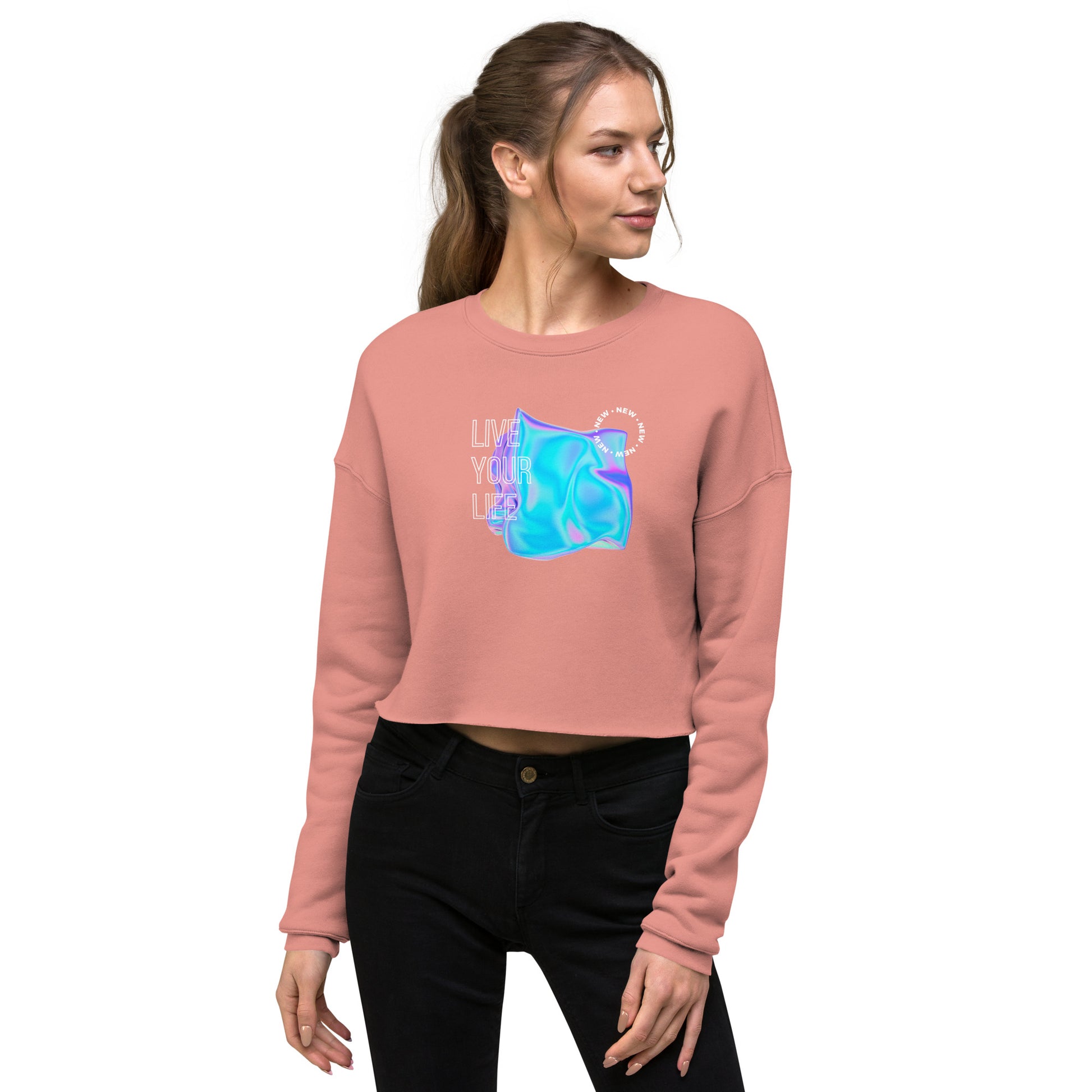 Vivid Existence Live Your Life Women's Crop Sweatshirt - Mauve - FLAKOUT