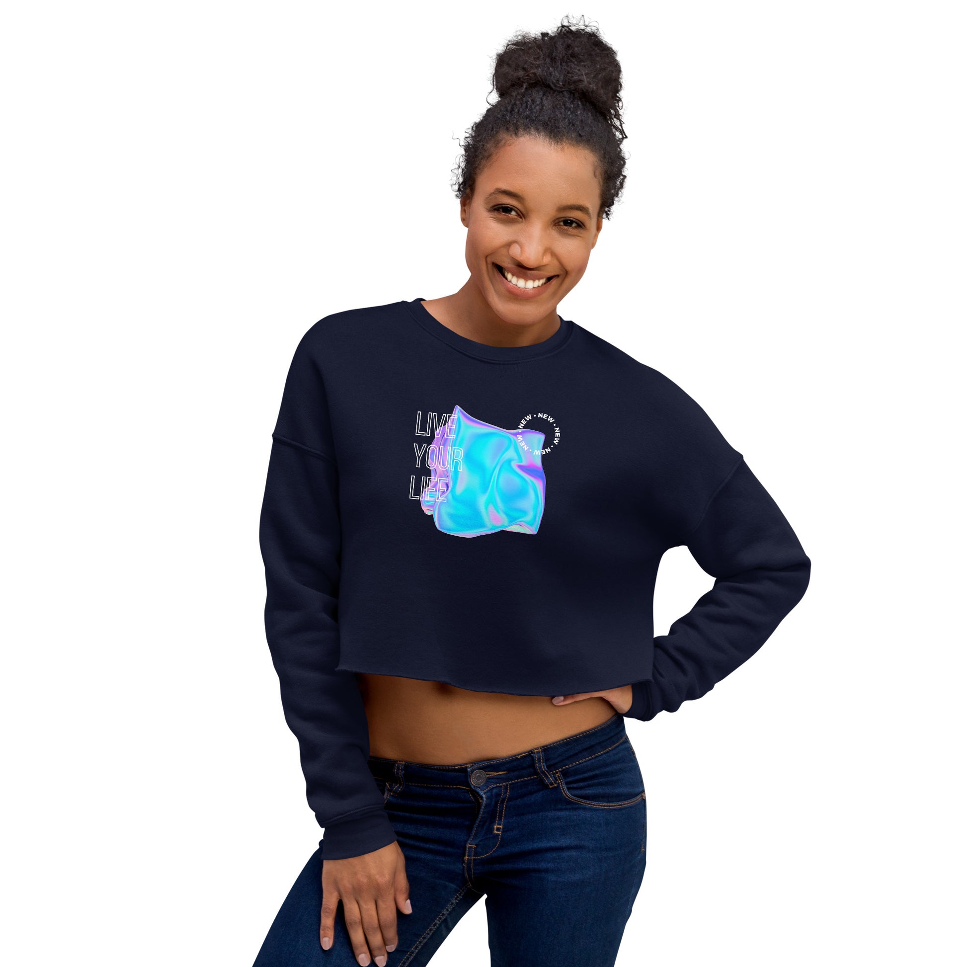 Vivid Existence Live Your Life Women's Crop Sweatshirt - Navy - FLAKOUT